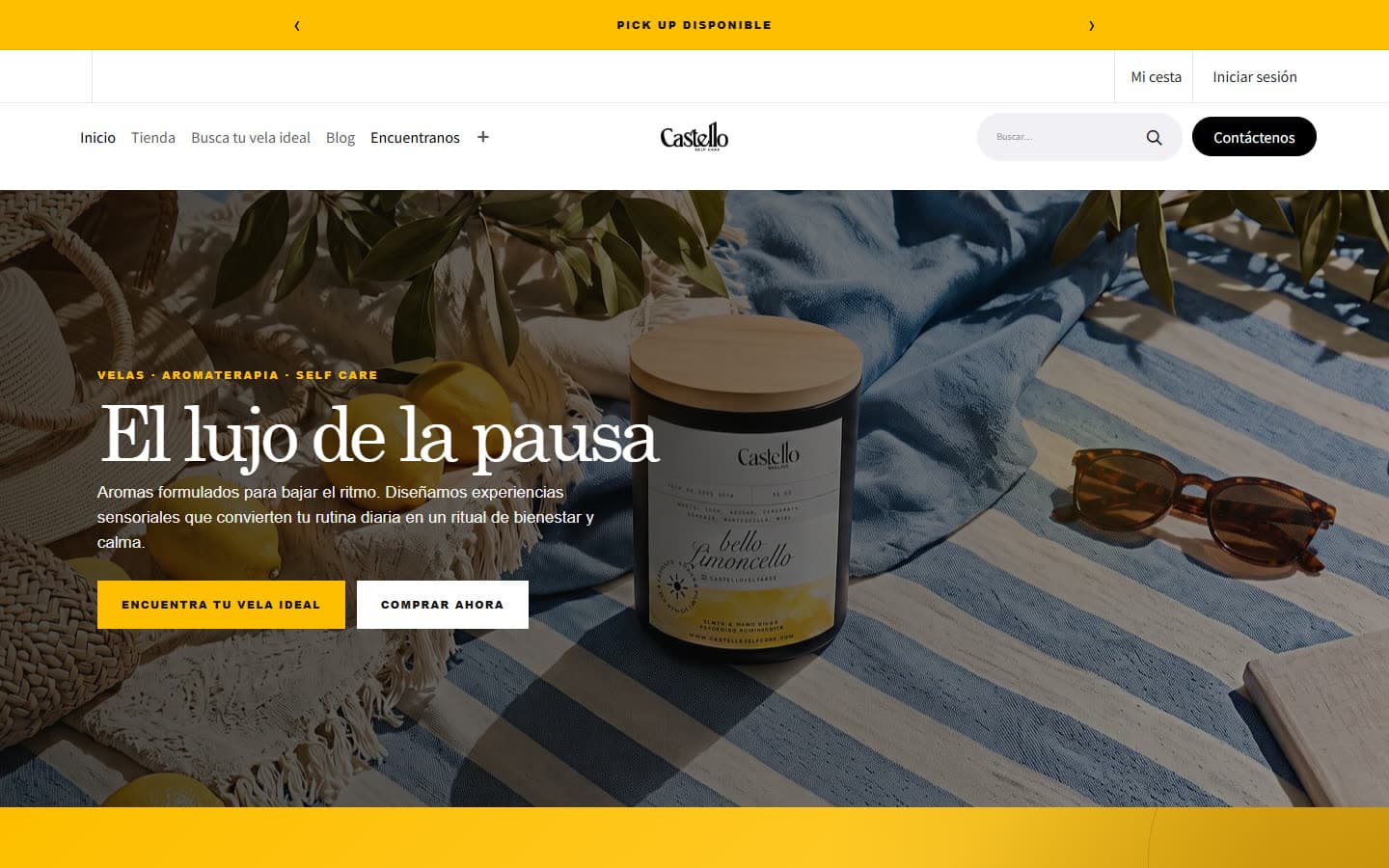 Portada de la web de Castello Self Care: una vela aromática sobre una manta y el título El lujo de la pausa