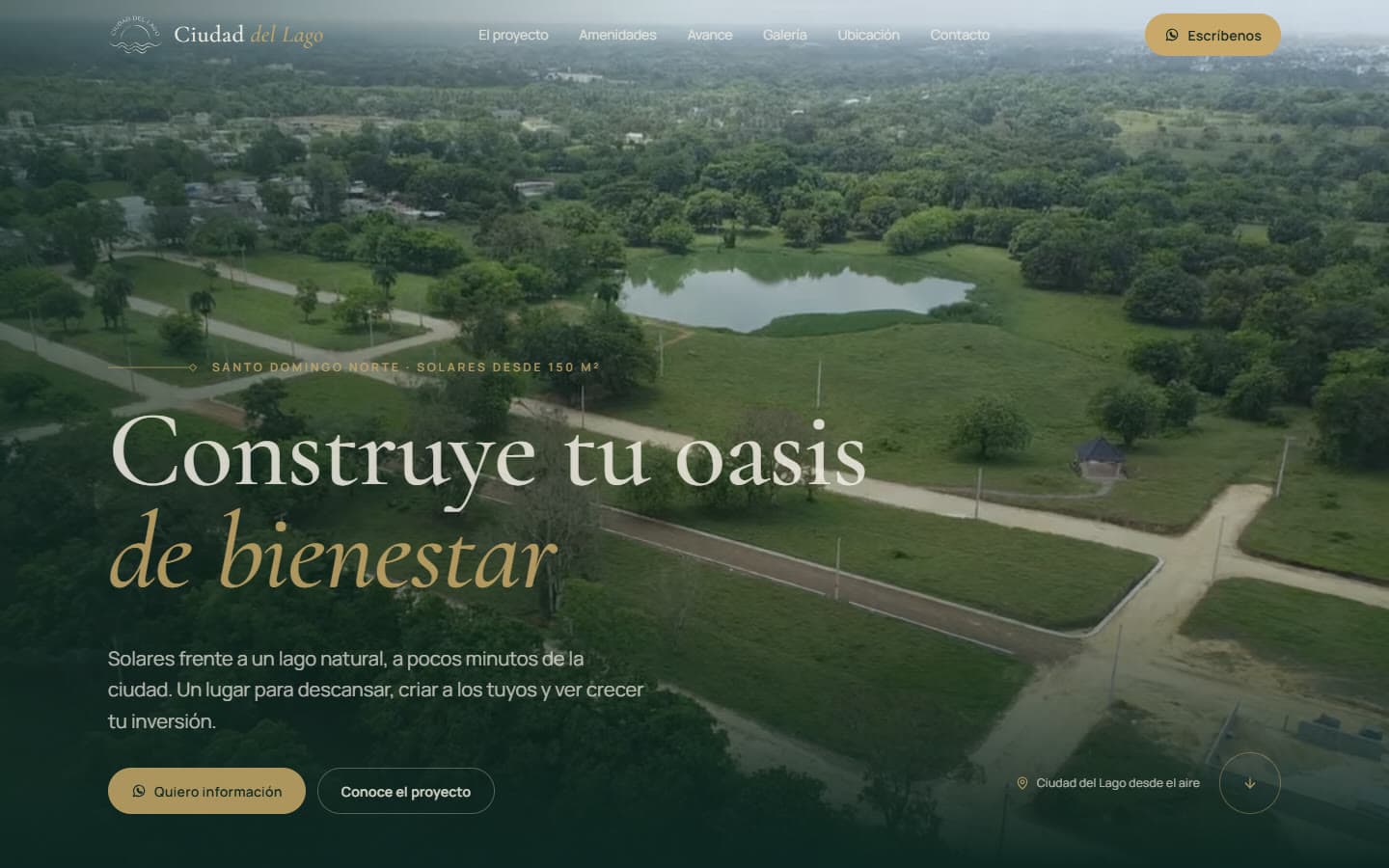 Portada de la nueva web de Ciudad del Lago: solares frente a un lago en Santo Domingo Norte